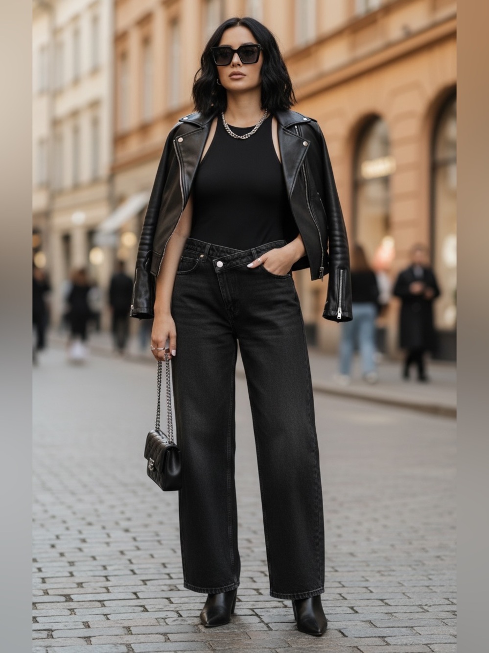 NEW Commense Asymmetric Waist Wide-Leg Jeans Sz XS in Black